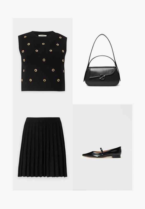Sort ærmeløs top med rund halsudskæring, dekoreret med jævnt fordelt gyldne cirkulære nitter på forsiden og skuldrene.; Vero Moda Knitted VMMARINA Short - Mini skirts - black; Sorte patenterede læder Mary Jane flade sko med spids tå, én rem og lav hæl på ensfarvet baggrund.; Sort skuldertaske i læder med en buet klap, der er fastgjort med en rund metal spænde, og en slank, justerbar rem.