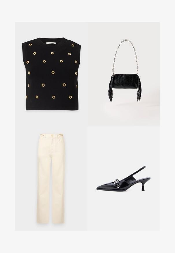 Musta hihaton toppi pyöreällä pääntiellä, koristeltu tasaisesti sijoitetuilla kultaisilla pyöreillä niiteillä edessä ja olkapäillä.; Rabanne Straight leg -farkut - off white denim; Musta kiiltonahkainen slingback-kissankorkoinen kenkä, jossa on terävä kärki ja hopeanvärinen solkikoriste yksinkertaisella valkoisella taustalla.; Pieni musta nahkalaukku hopeaketjuhihnalla ja mustilla nahkakoristeilla kummallakin sivulla tasaisella vaalealla taustalla.
