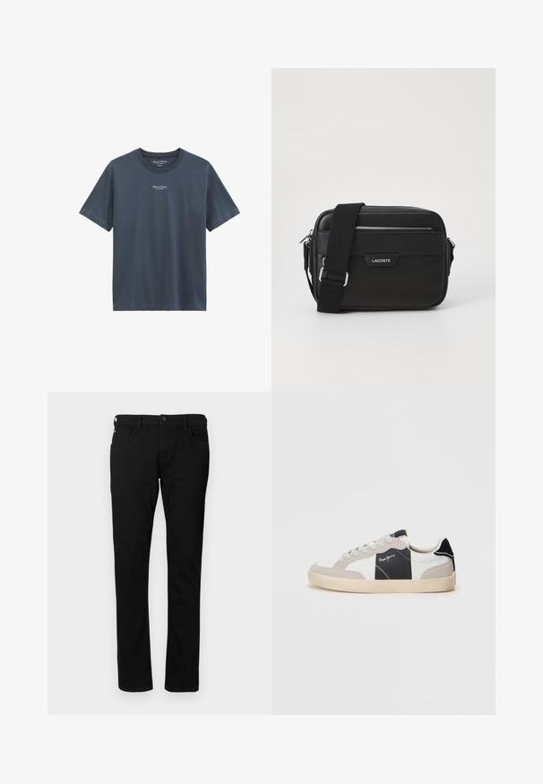 Donkerblauw T-shirt met korte mouwen en ronde hals, met klein wit "Marc O'Polo" logo gecentreerd op de borst en binnen in de kraag.; Zwarte denim jeans met een slim fit, voorzien van voorzakken, riemlussen en een knoopsluiting. Soepele textuur met een effen kleur.; Witte en grijze low-top sneakers van suede en leer. Bevat een zwart accent, witte stiksels en een rubberen zool.; Zwarte schoudertas van gestructureerd synthetisch materiaal, met zilverkleurige hardware, verstelbare schouderband, een logo plaat aan de voorkant en een ritsluiting.