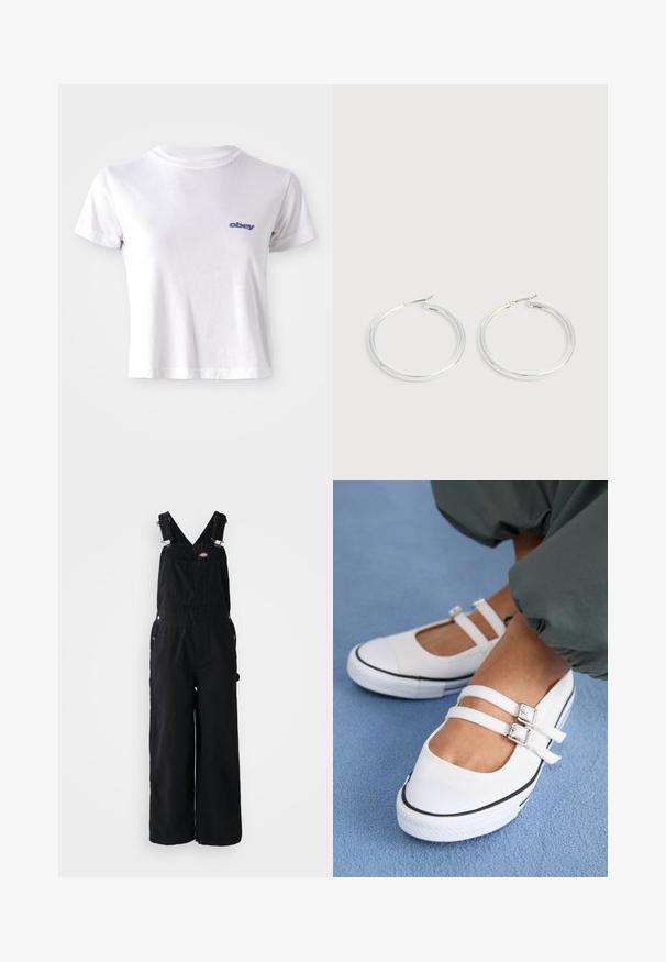 Witte katoenen T-shirt met een ronde halslijn en korte mouwen, voorzien van een klein blauw "obey" logo op de linkerpunt van de borst.; Zwarte denim dungarees met brede pijpen, verstelbare schouderbanden, een voorktas en zilveren hardware-accenten. Glad van textuur, minimaal ontwerp.; Witte canvas schoenen met twee verstelbare banden, zwarte neus en een gestructureerde rubberen zool. Draagbaar met losse groene broek op een blauwe ondergrond.; Een paar glanzende zilveren oorringen met dunne draadafsluitingen, getoond op een lichtgrijze achtergrond.