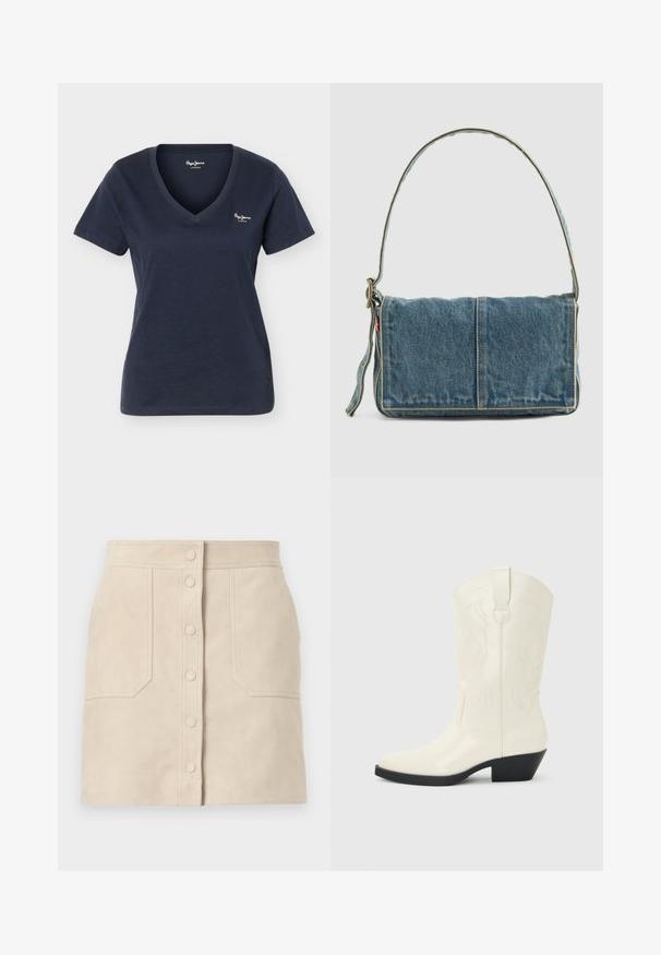 T-shirt pour femme bleu marine à manches courtes et col en V avec un petit logo blanc "Pepe Jeans London" sur le côté gauche de la poitrine.; Mini-jupe en daim beige avec boutons-pression à l'avant et deux grandes poches frontales, coupe droite et détails cousus.; Botte blanche de style western mi-mollet avec bout pointu, talon empilé noir, coutures décoratives et languette de tirage sur la tige.; Sac à épaule en denim avec un design à rabat, couleur bleu clair, couture visible, bandoulière ajustable et accent avec étiquette latérale.