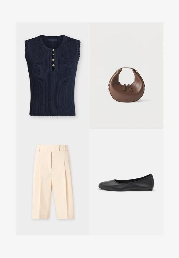 Top sans manches en maille bleu marine foncé avec des motifs verticaux texturés, des bords festonnés, un col rond et quatre petits boutons dorés décoratifs à l'avant.; Pantalon cropped beige taille haute avec passants de ceinture, plis à l'avant et fermeture avant dissimulée.; Ballerines en cuir noir avec un bout rond, texture lisse, détails de couture minimalistes et design de semelle flexible.; Sac à main en cuir marron en forme de croissant avec une poignée supérieure et deux curseurs de fermeture éclair, sur fond blanc.