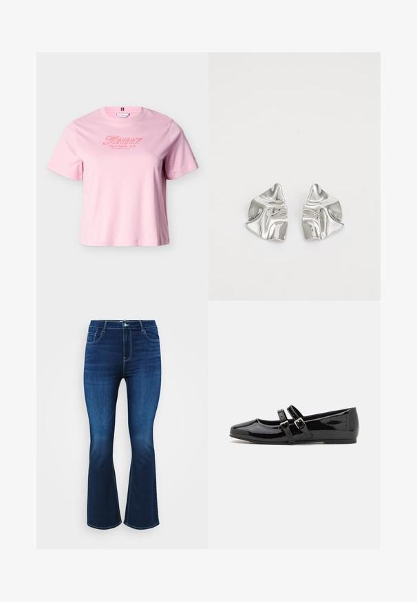 Lyserød T-shirt med korte ærmer og "Tommy Hilfiger, Co. Los Angeles, CA, USA" tekst i rødt på brystet.; Mørkeblå bootcut jeans lavet af denim, med fem lommer, lynlås og knaplukning samt kontrastsyninger langs sømmene.; Sorte lakerede sko med firkantet tå, der har to justerbare spænder over midtfoden og en flad, lav profil sål.; Sølvmetal øreringe med et bølgende, skulpturelt design, der har en poleret overflade og uregelmæssige former, hvilket fremhæver en moderne æstetik.