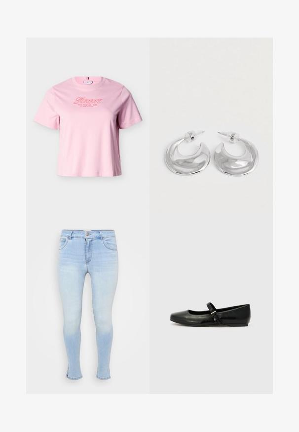 Lyserød T-shirt med korte ærmer og "Tommy Hilfiger, Co. Los Angeles, CA, USA" tekst i rødt på brystet.; Lyseblå skinny jeans lavet af denim, med fem lommer, lukning med knap og lynlås, og let slidte for et brugt udseende.; Sorte læder balletflade med rund tå, flad sål og en tynd justerbar rem over svangen med en metalspænde.; Et par polerede sølv halvmåneformede hoop øreringe med klare plastikbagsider på en hvid overflade.