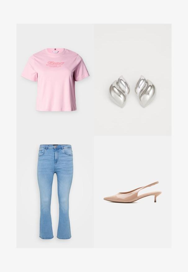 Hellrosa T-Shirt mit kurzen Ärmeln und rotem "Tommy Hilfiger, Co. Los Angeles, CA, USA" Text auf der Brust.; Helle, blaue, aus Baumwoll-Denim gefertigte Schlagjeans. Sie verfügen über eine hohe Taille, fünf Taschen und sichtbare Nähte entlang der Nähte und am Saum.; Beiger Lackleder-Slingback-Schuh mit spitzer Zehe und niedrigem Kitten-Heel, seitlich dargestellt vor weißem Hintergrund.; Silberne Ohrringe mit einer organischen, abstrakten Form. Glatte, glänzende Oberfläche mit einem konischen Design. Mit dezenten Kurven und einem zentralen Linienelement.