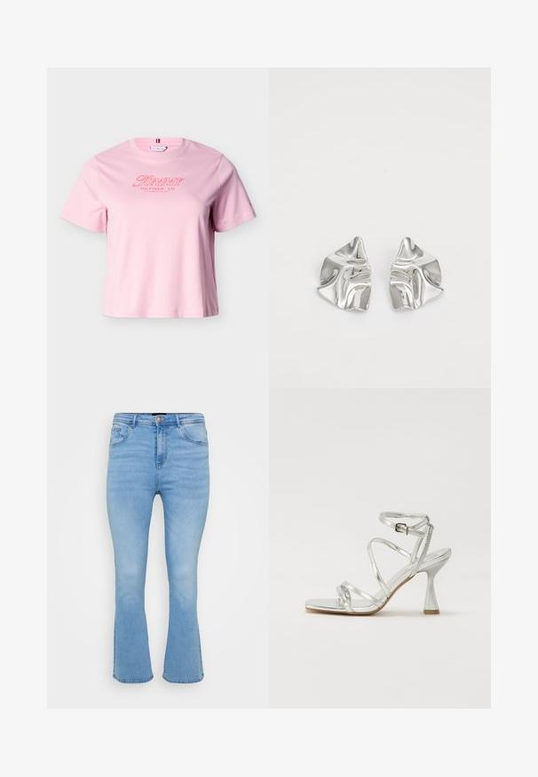 Lyserød T-shirt med korte ærmer og "Tommy Hilfiger, Co. Los Angeles, CA, USA" tekst i rødt på brystet.; Lyseblå flagrende jeans i denim af bomuld. Features høj talje, fem lommer og synlige sømme langs sømme og kant.; Sølv høje hæle sandaler med flere krydsschooler, en spændeankelrem og en skulptureret hæl, med en skinnende metallisk finish.; Sølvmetal øreringe med et bølgende, skulpturelt design, der har en poleret overflade og uregelmæssige former, hvilket fremhæver en moderne æstetik.