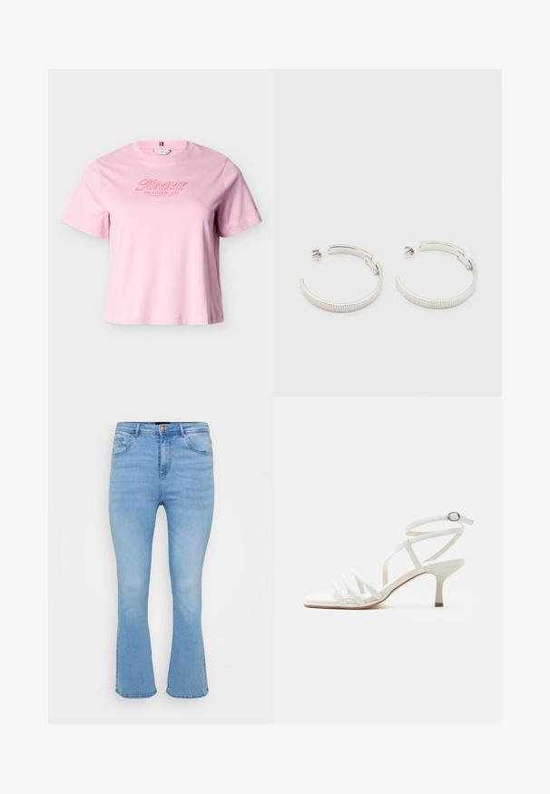 Hellrosa T-Shirt mit kurzen Ärmeln und rotem "Tommy Hilfiger, Co. Los Angeles, CA, USA" Text auf der Brust.; Helle, blaue, aus Baumwoll-Denim gefertigte Schlagjeans. Sie verfügen über eine hohe Taille, fünf Taschen und sichtbare Nähte entlang der Nähte und am Saum.; Weiße Damensandale mit Riemchen, dünnen Absätzen, drei Vorderseitenriemen und einem Knöchelriemen mit silberner Schnalle.; Ohrstecker in Silberoptik, halbkreisförmig mit geriffelter Textur und Steckverschlüssen, auf weißem Hintergrund.