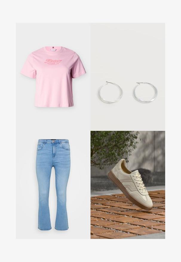 Lyserød T-shirt med korte ærmer og "Tommy Hilfiger, Co. Los Angeles, CA, USA" tekst i rødt på brystet.; Lyseblå flagrende jeans i denim af bomuld. Features høj talje, fem lommer og synlige sømme langs sømme og kant.; Sneakers i cremefarve med en struktureret beige gummisål, snøredesign og diskret brand på siden. Overdel i glat læder.; Sølvfarvede metaloorringe med glat, let buet overflade og låsemekanisme på en ensfarvet hvid baggrund.