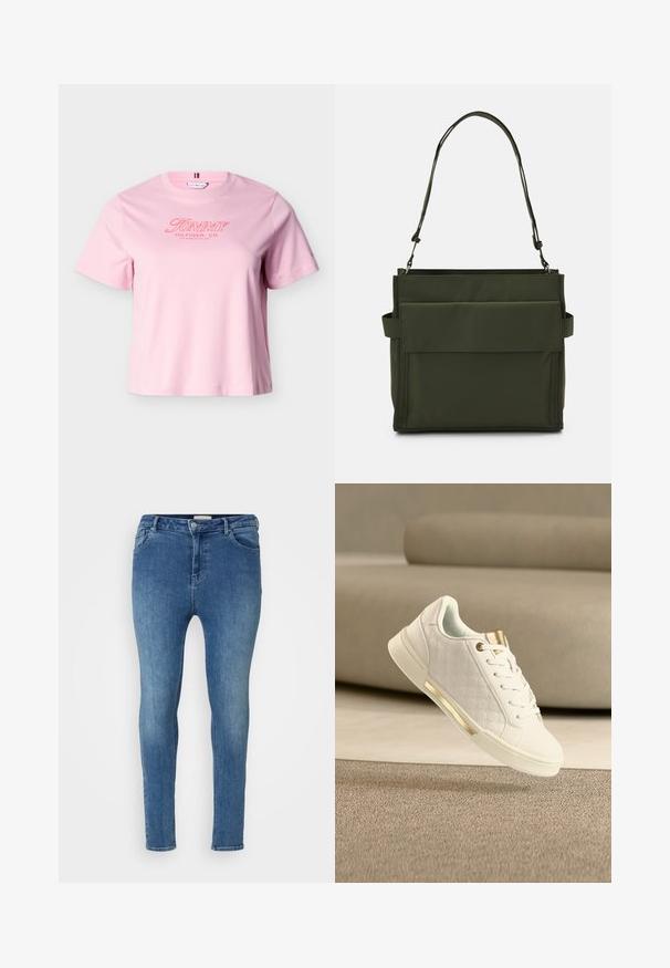 Hellrosa T-Shirt mit kurzen Ärmeln und rotem "Tommy Hilfiger, Co. Los Angeles, CA, USA" Text auf der Brust.; Skinny Jeans aus hellblauem Denim mit glatter Textur. Sie verfügen über eine hohe Taille, Gürtelschlaufen und Fronttaschen. Klassisches Fünf-Taschen-Design.; Weißer Sneaker mit geprägtem Muster, goldenen Akzenten an Zunge und Sohle, schwebt über einem beigen Teppich vor einem hellen Sofa.; Olivgrüne Einkaufstasche aus robustem Stoff mit rechteckiger Form, ausgestattet mit einer Fronttasche mit Klappe und einem verstellbaren Schultergurt.