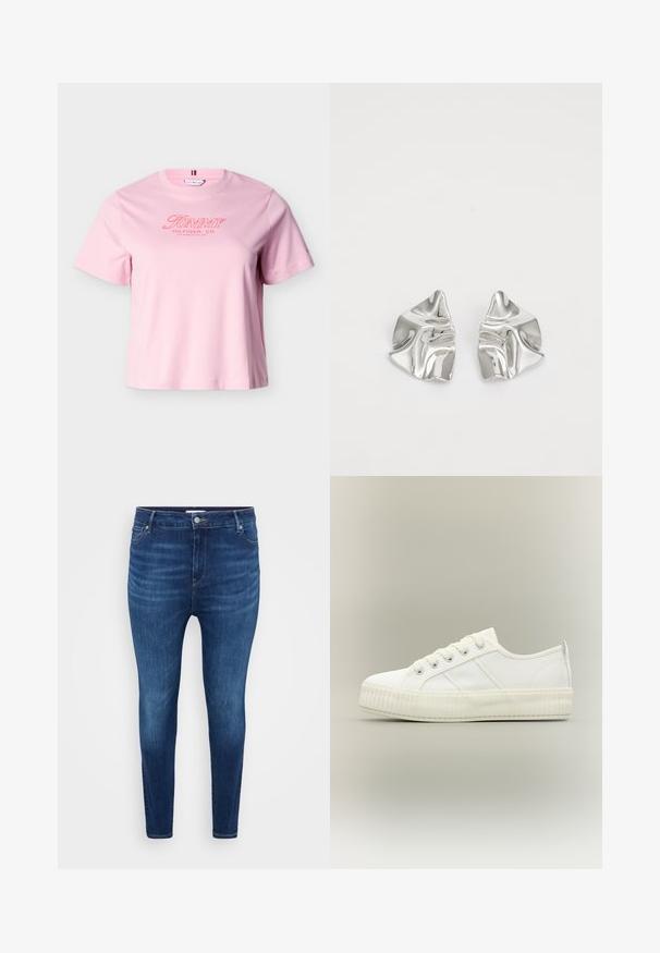 T-shirt rose clair à manches courtes avec le texte "Tommy Hilfiger, Co. Los Angeles, CA, USA" en rouge sur la poitrine.; Jean skinny bleu foncé avec poches avant, passants de ceinture et fermeture à bouton sur un fond uni clair.; Baskets basses blanches avec semelle épaisse côtelée, lacets à l'avant et languette à l'arrière sur fond neutre.; Boucles d'oreilles en métal argenté avec un design ondulé et sculptural, présentant une finition polie et des formes irrégulières, mettant en valeur une esthétique contemporaine.
