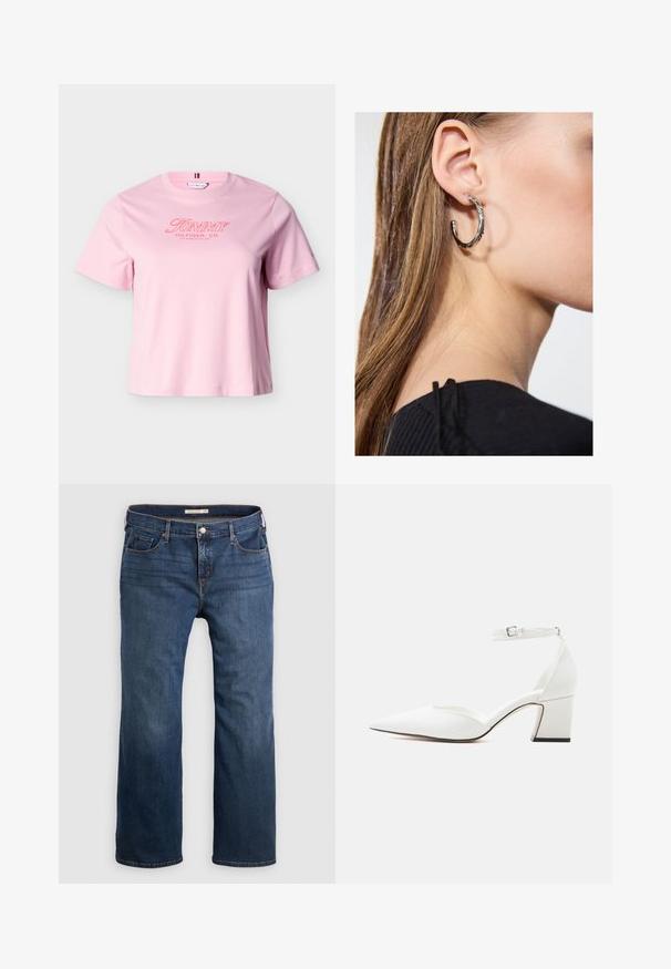 Lichtroze T-shirt met korte mouwen en rode tekst "Tommy Hilfiger, Co. Los Angeles, CA, USA" op de borst.; Donkerblauwe denim jeans met een rechte pasvorm, voorzien van vijf zakken, een knoopsluiting en subtiele stikdetails langs de naden.; Witte schoenen met spitse neus, midhak, enkelbandje met gesp, glad oppervlak en blokhak op een effen lichte achtergrond.; Zilveren oorbel met een gepolijste afwerking, met kleine gouden accentdetails en een ronde vorm, gedragen op de oorlel.