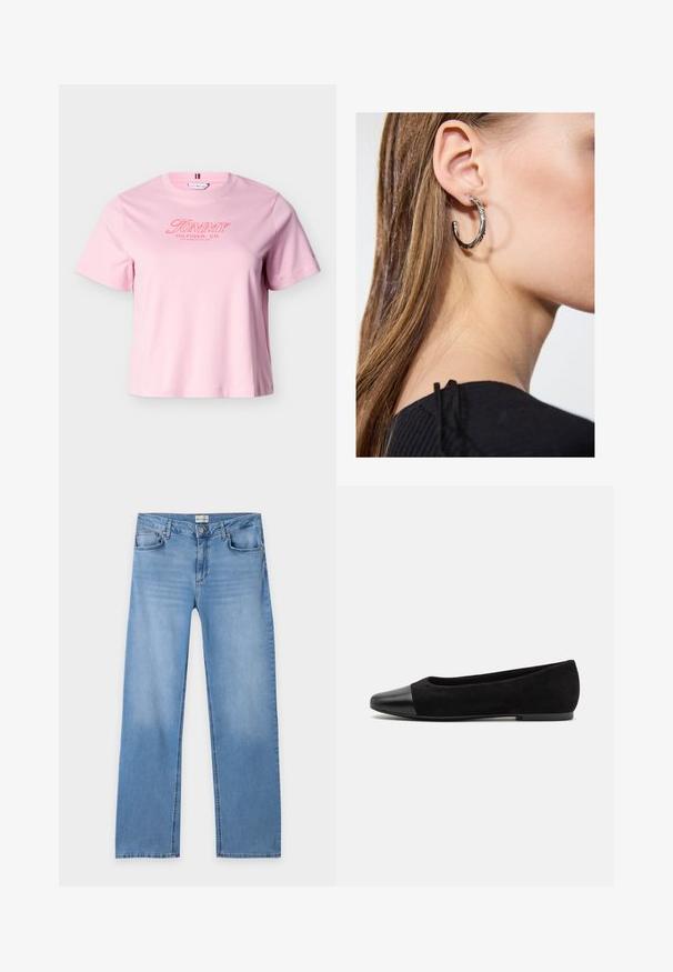 Svetloružové tričko s krátkym rukávom a červeným textom "Tommy Hilfiger, Co. Los Angeles, CA, USA" na hrudi.; Svetlomodré džínsy s rovným strihom, zapínaním na gombík a zips, pútka na opasok a päť vreciek, položené naplocho na bielom pozadí.; Čierne semišové baleríny s lesklou čiernou špičkou, hladkou textúrou, zaobleným tvarom a nízkym profilom.; Strieborná kruhová náušnica s lesklým povrchom, obsahujúca malé zlaté akcenty a okrúhly tvar, nosená na lalôčiku ucha.