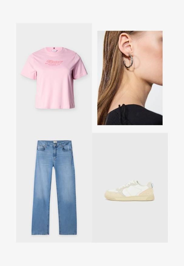 Hellrosa T-Shirt mit kurzen Ärmeln und rotem "Tommy Hilfiger, Co. Los Angeles, CA, USA" Text auf der Brust.; Hellblaue Jeans mit geradem Bein, Knopf- und Reißverschluss, Gürtelschlaufen und fünf Taschen, flach auf weißem Hintergrund liegend.; Weißer und beiger Sneaker mit Obermaterial aus Wildleder und Textil, kontrastierenden Nähten, einer Gummisohle und einem hellblauen Akzent an der Ferse.; Silberne Creolen mit polierter Oberfläche, die kleine goldene Akzentdetails und eine runde Form aufweisen, am Ohrläppchen getragen.