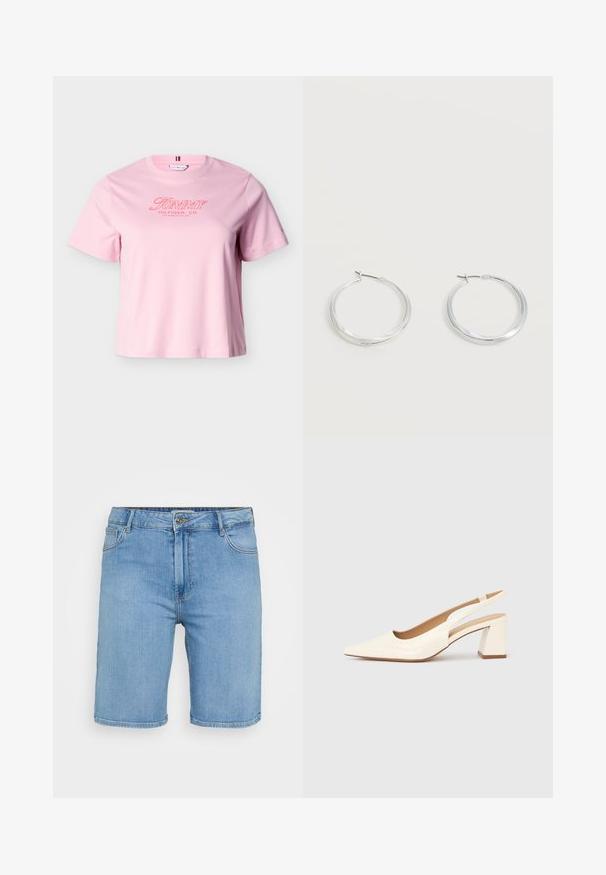 Hellrosa T-Shirt mit kurzen Ärmeln und rotem "Tommy Hilfiger, Co. Los Angeles, CA, USA" Text auf der Brust.; Helles blaues Denim-Shorts mit klassischem Schnitt, ausgestattet mit einem vorderen Knopfverschluss, Gürtelschlaufen und zwei Seitentaschen. Glatte Textur und gerader Saum.; Slingback-Pumps aus glänzendem cremefarbenem Lackleder, mit spitzer Schuhspitze und klobigem, quadratischem Absatz für Stabilität. Minimalistisches Design, ohne Verzierungen.; Silberne Metallcreolen mit glatter, leicht gebogener Oberfläche und Klappverschluss vor schlicht weißem Hintergrund.