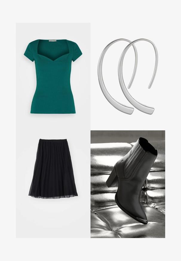 Top en color teal con canalé, de mangas cortas, cuello cuadrado y diseño ajustado. Fabricado con material elástico, que ofrece una textura suave.; Falda plisada negra de tela transparente, con cintura elástica. Su diseño fluido se extiende hasta la mitad de la pantorrilla, mostrando pliegues verticales.; Botín de piel negra hasta el tobillo con un tacón alto, con costuras verticales y un acento plateado brillante en la puntera, sobre un fondo metálico.; Pendientes de aro de metal plateado con una superficie lisa y brillante, en forma de media luna, que presentan un diseño minimalista y sin patrones visibles.