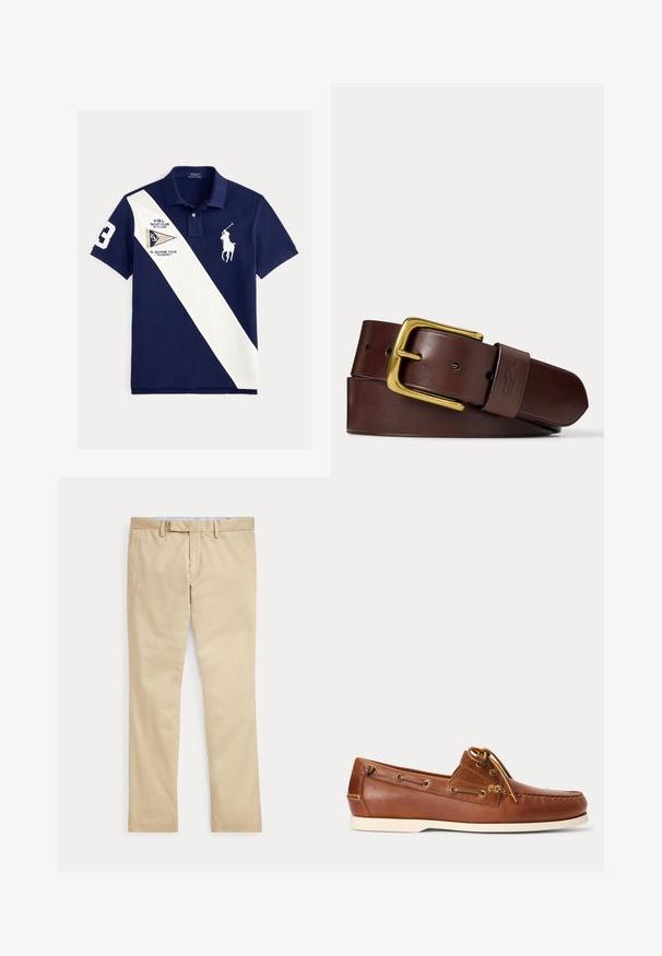 Polo azul marino con franja diagonal blanca, número grande 3 en la manga, parche del club náutico y logotipo blanco de jugador de polo en el pecho.; Pantalones beige de corte recto con trabillas para cinturón y cremallera frontal, colocados planos sobre un fondo blanco.; Zapato náutico de cuero marrón con suela blanca, cordones atados en la parte superior y ojales metálicos a lo largo de los lados y la costura delantera.; Cinturón de cuero marrón enrollado con una hebilla rectangular dorada y una presilla de cuero con un logo grabado de caballo y jinete.
