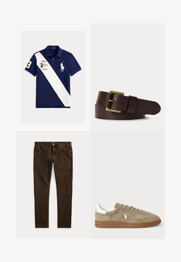 Tumesinine polo-särk valge diagonaaltriibuga, suur number 3 varrukal, jahtklubi plaastri ja valge polo-mängija logoga rinnal.; Kitsas tumepruunid teksad viie taskuga, nööp- ja lukukinnitusega, nähtavate Polo kaubamärgi siltidega vöökohal ja esimeses taskus.; Tammepunased sneakers, millel on valged aktsendid, ümmargune varvas ja nööridega disain. Omab rikka logot ja kummi tallat, mis tagavad hea haarde.; Pruun nahkvöö messingist pandlaga, millel on graveeritud Polo logo, asetatud helele taustale.