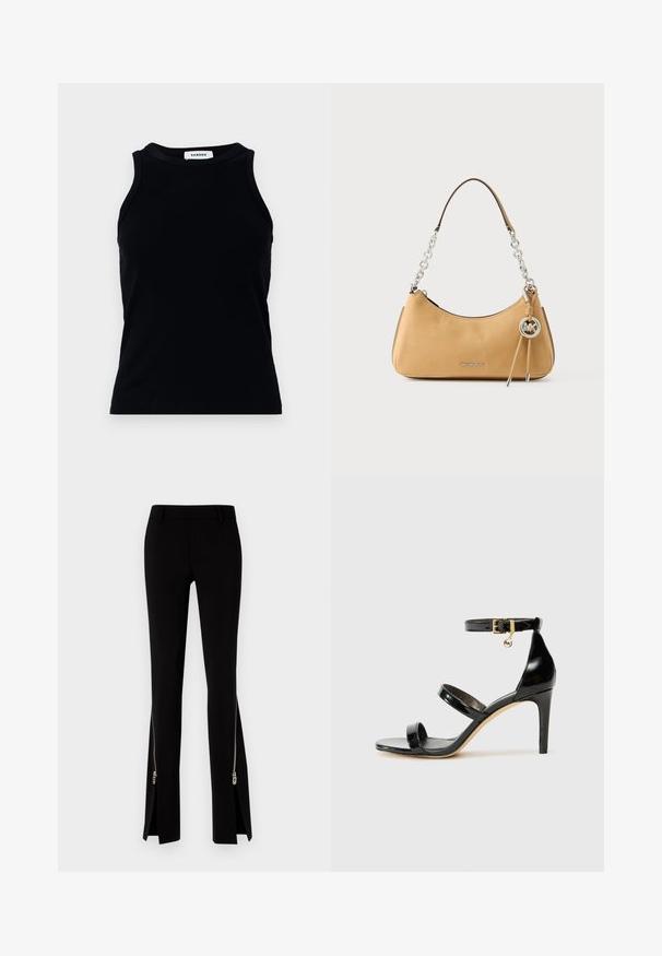 Débardeur noir à côtes avec un col rond et de larges bretelles. Ne présente ni ornements ni motifs. Texture lisse.; DSQUARED2 ICON TRUMPET PANT - Pantalon classique - black; Sandale en cuir verni noir avec trois brides, boucle de cheville et talon aiguille de 10 cm. Présente un détail en métal doré et un charm logo.; Sac à main Michael Kors en cuir marron clair avec poignée chaîne argentée, breloque logo, et inscription "MICHAEL KORS" sur le devant.