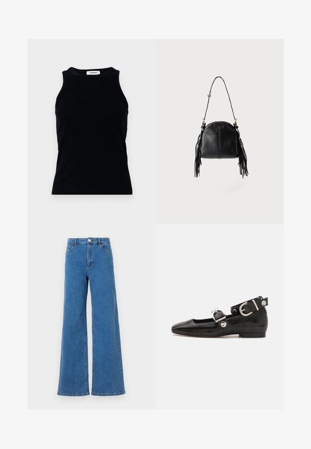 Must have mustriba tank top ümmarguse kaeluse ja laiade õlgadega. Ilma dekoreerimise või mustriteta. Sile tekstuur.; Laiad sinised denim püksid kõrge vöökohaga, ees taskud ja nööbiga kinni. Kanga pind on sile ja klassikaline õmblusmustritega.; Must musta nahkkinga lamead kontsad, ruudukujulise varbaga, pahkluu rihmaga, mis sisaldab hõbedast taakleid, ning lame tald. Siledat pinda ja minimalistlikku disaini.; Must nahast käekott kõveriku kujuga, pikk reguleeritav rihm ja mõlemal küljel tiki detailid heledal taustal.
