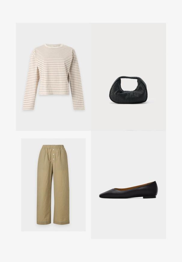 Crop top crème à manches longues avec fines rayures horizontales marron et col rond sur fond uni.; Pantalon beige à jambes larges avec une ceinture élastique et trois boutons blancs sur la patte de boutonnage devant, en tissu léger texturé.; Chaussure plate en cuir noir à bout pointu avec talon bas et finition lisse, vue de côté sur un fond gris clair.; Sac hobo tissé noir avec une structure souple et une poignée intégrée, présenté sur un fond clair uni.