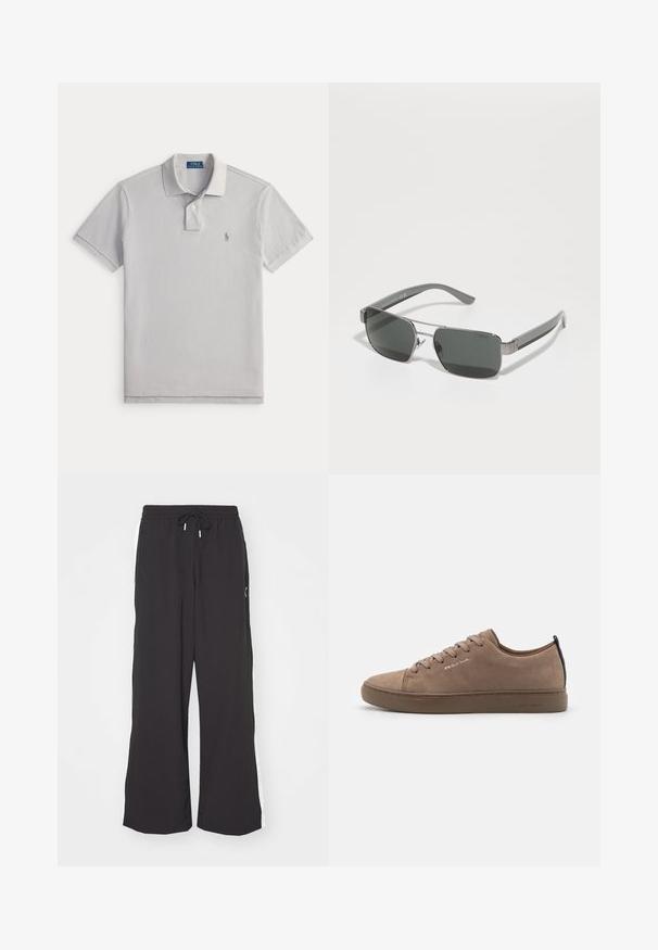 Hellgraues Kurzarm-Polohemd mit Kragen, zwei Knopfverschluss und kleinem gesticktem Logo auf der linken Brust.; Schwarze weite Sweatpants mit elastischem Bund und Kordelzug. Mit weißen Seitenstreifen und zwei Seitentaschen. Glatte Textur.; Braune Wildledersneaker mit runder Zehenform, Schnürdesign, kontrastierendem Fersenriegel und geprägtem Logo. Flache Gummisohle, minimalistischer Stil.; Polo Ralph Lauren Sonnenbrille - brushed gunmetal