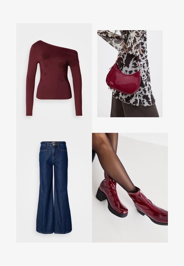 Bordeaux langarm top met één-schouder ontwerp, voorzien van bloemmotieven versierd met kleine strass-steentjes. Gladde stof met een lichte glans.; Brede donkerdenim jeans met een hoge taille, vijf zakken en metalen knoopsluiting. Glad oppervlak met subtiele stikdetails.; Rode lakleren enkellaarzen met een stevige zwarte hak en ritsdetails. Gladde textuur, strak ontwerp met een ronde neus.; Vrouw met een zwart-wit gebloemde blouse houdt een glanzende rode schoudertas vast tegen een effen achtergrond.