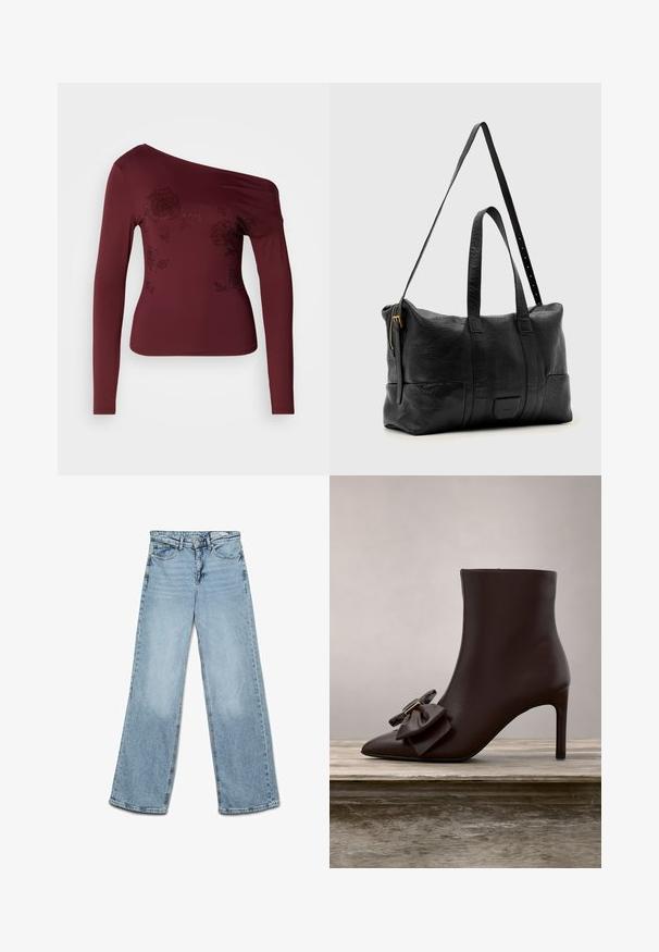 Bordeaux langærmet top med én skulderdesign, prydet med blomsterprint og små rivoli sten. Glat stof med let glans.; Lyseblå højtaljede jeans med vide ben, knap- og lynlås-lukning, for- og baglommer samt bæltestropper.; Sort læder ankelstøvle med spids tå, stiletto hæl og en stor sløjfedetalje ved anklen, hvilende på en træoverflade.; Sort lærrejsetaske med to korte håndtag og en justerbar lang rem, med en gylden lynlås og tekstureret finish.