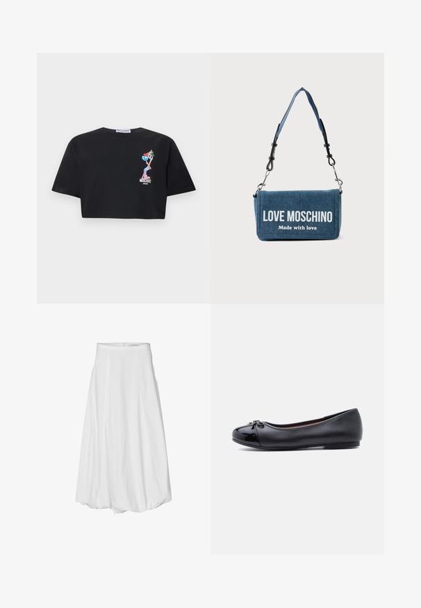Camiseta negra corta con un pequeño gráfico de una mujer haciendo el signo de la paz, un corazón y la Tierra, con el texto "Moschino Jeans" debajo.; Falda blanca hasta la rodilla con un material de algodón suave, con pliegues, una cintura ajustada y un cierre de cremallera en la parte posterior.; Zapato plano de ballet negro hecho de cuero liso, con puntera brillante, detalle de lazo y diseño minimalista con tacón bajo.; Bolso de hombro de mezclilla con correa desmontable, que muestra el texto "LOVE MOSCHINO Made with love" en la solapa frontal.
