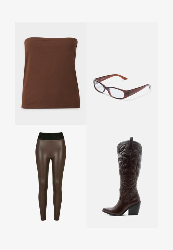 Brun stropfri tube top med lige udskæring og enkel kant, vist på en ensartet lysegrå baggrund.; Brune faux læder leggings med en høj sort talje, der har en glat, blank finish og en tætsiddende design til anklerne.; Høj mørkebrun læder cowboystøvle med syede dekorative mønstre, spids tå og stablet blokhæle.; Brune-farvede rektangulære briller med en glat overflade, der har slanke arme og gennemsigtige linser. Logoet er synligt på venstre temple.