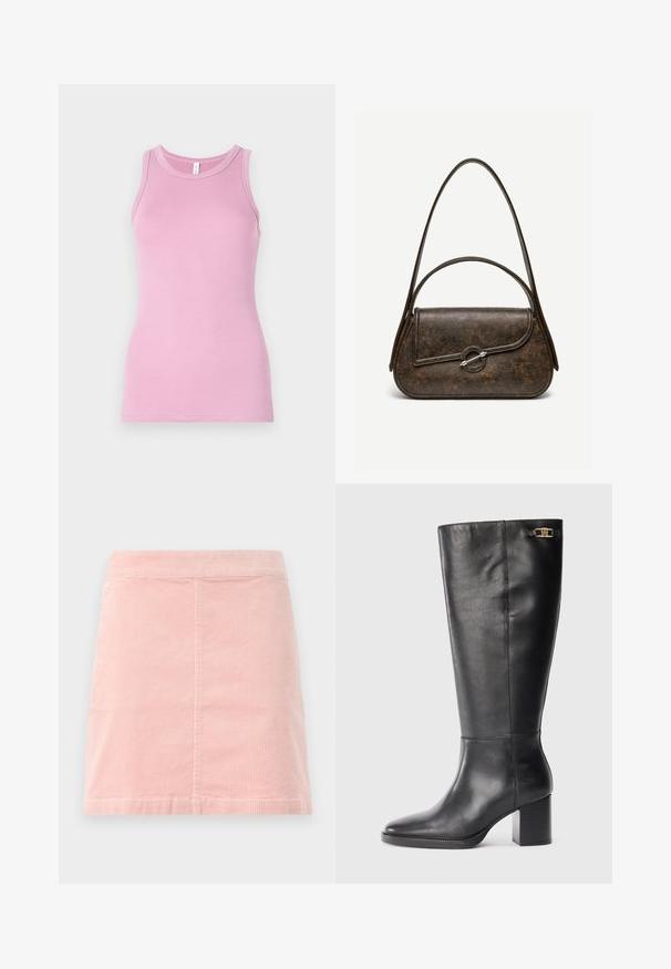 Rosa tanktop med en tætsiddende design, der har en rund halsudskæring og ribbet tekstur. Ingen mønstre eller accenter til stede.; Rosa corduroy mini nederdel med en tætsiddende talje og lodret ribbet tekstur. Den har en lige kant og har et simpelt design uden udsmykning.; Sorte læder knæhøje støvler med blokhæl, spids tå og guldhardware-accent nær toppen. Glat tekstur med minimal syning.; Mørkebrun tekstureret læderhåndtaske med to stropper, afrundet rektangulær form og sølvfarvet cirkulært låsespænde på frontklap.