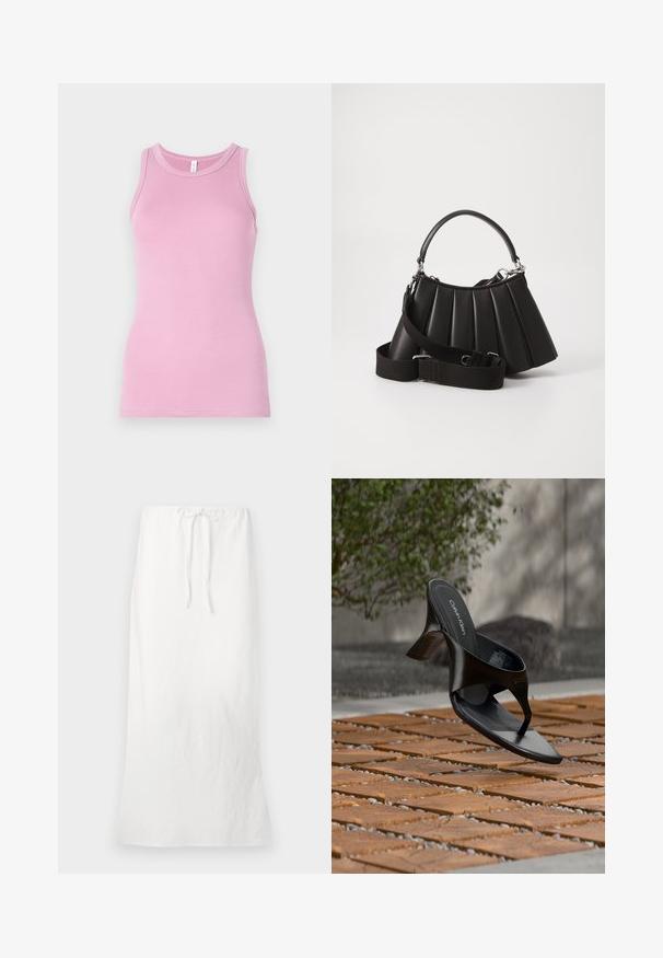 Top rose en débardeur avec une coupe ajustée, présentant un col rond et une texture côtelée. Aucun motif ni accent présent.; Jupe maxi en lin blanc avec une taille élastique et un cordon de serrage. Texture lisse, silhouette droite et coupe arrivant aux genoux.; Sandale à talon noire Calvin Klein en forme de tongs flottant au-dessus d'une surface extérieure carrelée avec de la verdure et un mur en béton en arrière-plan.; Sac à main plissé noir avec une poignée arrondie, une bandoulière réglable et une texture brillante. Présente des accessoires en argent et une silhouette structurée.