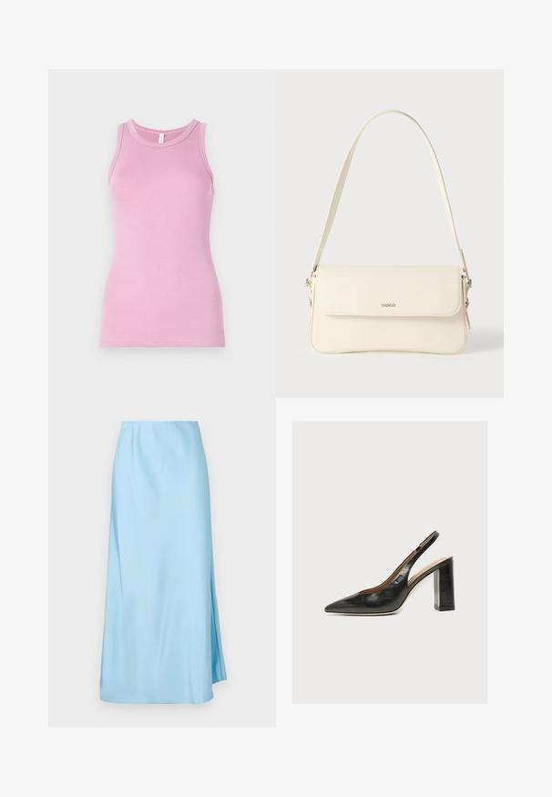 Top rosa de tirantes con un diseño ajustado, que presenta un cuello redondo y textura acanalada. Sin patrones ni acentos presentes.; Falda midi azul claro con una textura suave, que cuenta con una ligera abertura lateral y una pretina elástica para mayor comodidad y facilidad de uso.; Zapato de mujer tipo slingback en piel negra con puntera puntiaguda y tacón grueso alto de bloque sobre fondo blanco.; Bolso de hombro de cuero color crema con cierre de solapa, herrajes plateados, una sola correa ajustable y detalles sutiles con el logo.
