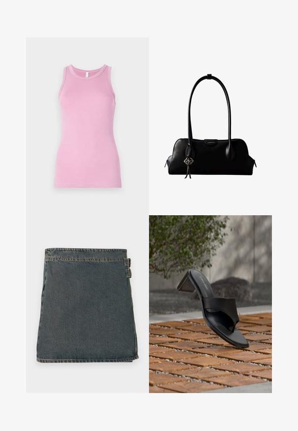 Top rose en débardeur avec une coupe ajustée, présentant un col rond et une texture côtelée. Aucun motif ni accent présent.; Jupe en denim bleu foncé avec une surface texturée, dotée de deux boucles latérales et d'un ourlet droit. Coutures visibles le long des bords.; Sandale à talon noire Calvin Klein avec boucle pour l’orteil, posée sur un sol en carreaux de bois en extérieur, près d’un arbre et d’un mur en pierre.; Sac à main en cuir noir Calvin Klein avec de longues anses, une étiquette logo à l'avant et un charme géométrique argenté suspendu à une anse.
