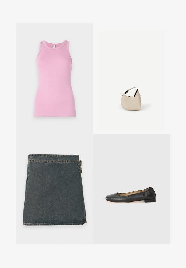 Top rose en débardeur avec une coupe ajustée, présentant un col rond et une texture côtelée. Aucun motif ni accent présent.; Jupe en denim bleu foncé avec une surface texturée, dotée de deux boucles latérales et d'un ourlet droit. Coutures visibles le long des bords.; Ballerines en cuir noir avec un bout arrondi et des coutures minimales. Talon bas et rectangulaire avec une texture lisse. Détails subtils de doublure intérieure.; Sac à main en cuir beige en forme de croissant avec une seule bandoulière et des coutures minimalistes, posé sur un fond blanc uni.