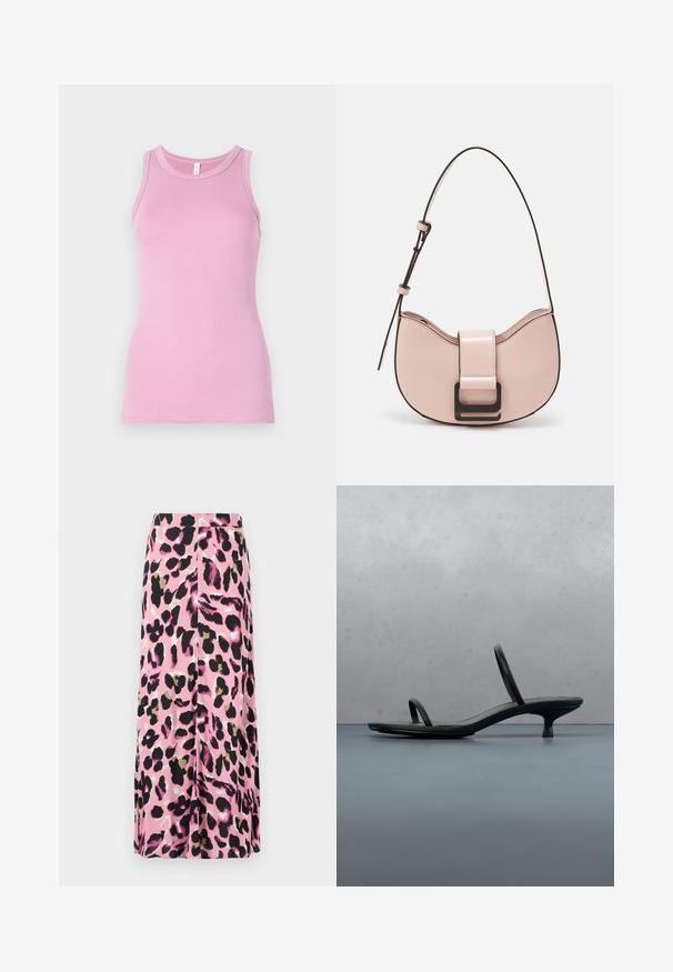 Roze tanktop met een aansluitend ontwerp, voorzien van een ronde halslijn en ribbeltextuur. Geen patronen of accenten aanwezig.; Roze rok met een dierenprint in zwart, goud en wit. Gladde stof met een vloeiend ontwerp. Halflange snit.; Zwarte Calvin Klein sandaal met hoge hak en dunne bandjes, in balans op houten tegels buiten, vlakbij een muur en groen.; Kleine, gebogen roze leren handtas met een glanzende afwerking, voorzien van een zwarte accentriem en een grote zwarte sluiting. Crossbody ontwerp.