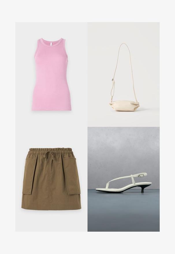 Rosa tanktop med en tætsiddende design, der har en rund halsudskæring og ribbet tekstur. Ingen mønstre eller accenter til stede.; Oliven grøn, knælang nederdel med elastisk talje, snøre og to store sidelommer. Fremstillet af letvægtsstof med synlige sømme.; Hvid sandal med stropper og kitten-hæl med spids tå, svævende over et trægulv udendørs med en sløret plante og væg i baggrunden.; Lille beige læder crossbody taske med justerbar rem, vist mod en ensfarvet lys baggrund.