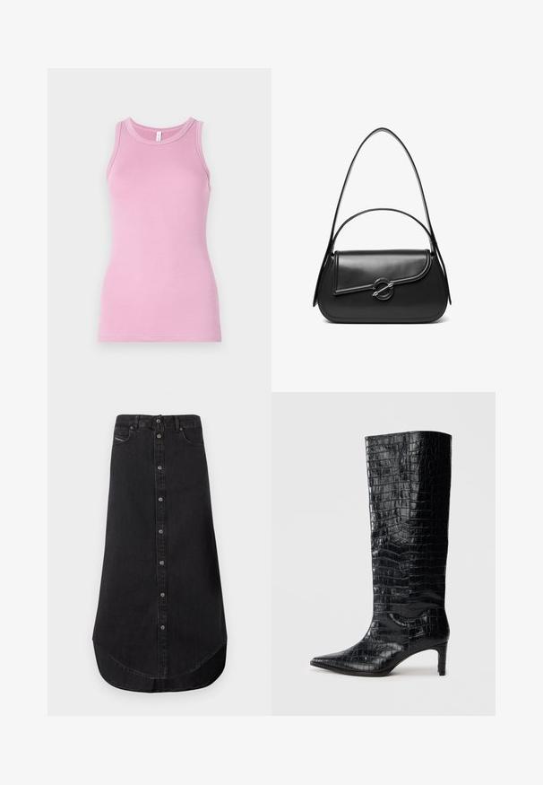 Roosa tank top sobiva disainiga, ümmarguse kaelusega ja soonikkoes. Mustri ega aktsentideta.; Musthave mustrikkade midi seelik, millel on ees nupuvajutusega kinnitamine, kaardus hem, vöökohad ja eesmine taskud.; Mustad põlvekõrged saapad läikiva krokodillinahajäljendiga, terava varba ja kitseneva kontsaga. Sile sünteetiline materjal.; Must nahast õlakott kõverda kaanega, mida hoiab kinni ümmargune metallist klamber ja millel on õhuke, reguleeritav rihm.