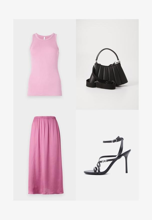 Rosa tanktop med en tætsiddende design, der har en rund halsudskæring og ribbet tekstur. Ingen mønstre eller accenter til stede.; Lang pink nederdel lavet af glat stof, med elastisk talje og et flydende design. Ingen synlige mønstre eller hardware detaljer.; Sort højhælet sandal med tynde stropper, ankelspænde og en metal-logo detalje på siden af stroppen, sat mod en hvid baggrund.; Sort plisseret handbag med et rundet håndtag, justerbar rem og blank overflade. Har sølvfarvet hardware og en struktureret silhuet.