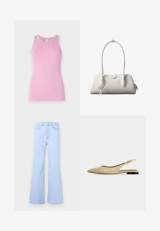 Top rose en débardeur avec une coupe ajustée, présentant un col rond et une texture côtelée. Aucun motif ni accent présent.; Jean évasé bleu clair taille haute, doté de cinq poches, d'une fermeture à bouton et d'une texture denim lisse. Les bords sont soigneusement cousus.; Chaussure plate beige à bout pointu avec bride arrière, petit talon noir et finition en cuir lisse, vue de côté sur un fond uni.; Sac à bandoulière blanc Calvin Klein avec longues poignées, forme rectangulaire, fermeture éclair et charm logo décoratif suspendu près de la poignée.