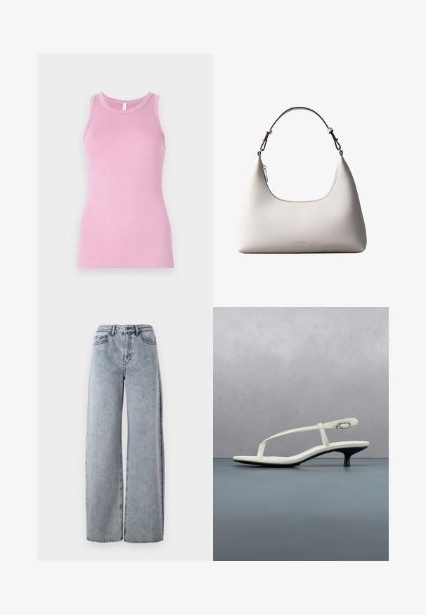 Rosa Tanktop mit figurbetontem Design, runder Ausschnitt und gerippter Textur. Keine Muster oder Akzente vorhanden.; Hellblaue Denim-Weitbeinjeans mit hohem Bund, ausgestattet mit Eingrifftaschen, Gürtelschlaufen und kontrastierenden Nähten.; Weiße Riemchenpantolette mit kitten heel und spitz zulaufender Zehenpartie, schwebt über einem Holzkachelboden im Freien mit verschwommenem Pflanzen- und Wandhintergrund.; Cremefarbene Calvin Klein Lederschultertasche mit gebogener Oberkante, silbernem Reißverschluss und dunkelbraunem verstellbarem Riemen.
