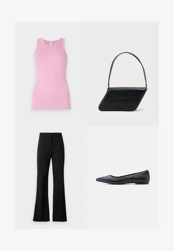 Top rosa de tirantes con un diseño ajustado, que presenta un cuello redondo y textura acanalada. Sin patrones ni acentos presentes.; Pantalones de campana negros hechos de una tela suave, con cintura alta, pliegues delanteros y un acabado limpio en los bajos.; Zapato plano de cuero negro con punta puntiaguda y tacón bajo, mostrado de perfil contra un fondo blanco.; Bolso de hombro de cuero negro con forma triangular, logo en relieve y una sola correa ajustable. Diseño minimalista con textura suave.
