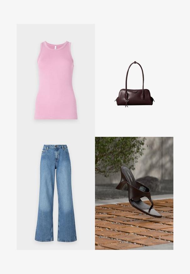 Rosa tanktop med en tætsiddende design, der har en rund halsudskæring og ribbet tekstur. Ingen mønstre eller accenter til stede.; Højtsiddende brede blå denimbukser med forlommer, bæltestropper og knap- og lynlåslukning.; Brun Calvin Klein hælet thong sandal svævende over træflise og grus udendørs med sløret grønt og stenmur i baggrunden.; Mørkebrun lædertaske fra Calvin Klein med lange dobbelte håndtag og en lille logohængende ved det ene håndtag.