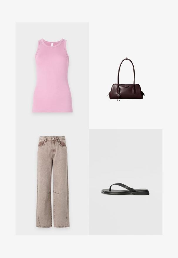 Rosa tanktop med en tætsiddende design, der har en rund halsudskæring og ribbet tekstur. Ingen mønstre eller accenter til stede.; Bredde bukser med høj talje i lys brun denim, med subtil tekstur, fem-lomme design og synlig syning.; Sorte flip-flops lavet af glat læder, med et tyndt remdesign og en flad sål med et minimalt profil. Ingen bemærkelsesværdige mønstre eller accenter.; Mørkebrun lædertaske fra Calvin Klein med lange dobbelte håndtag og en lille logohængende ved det ene håndtag.