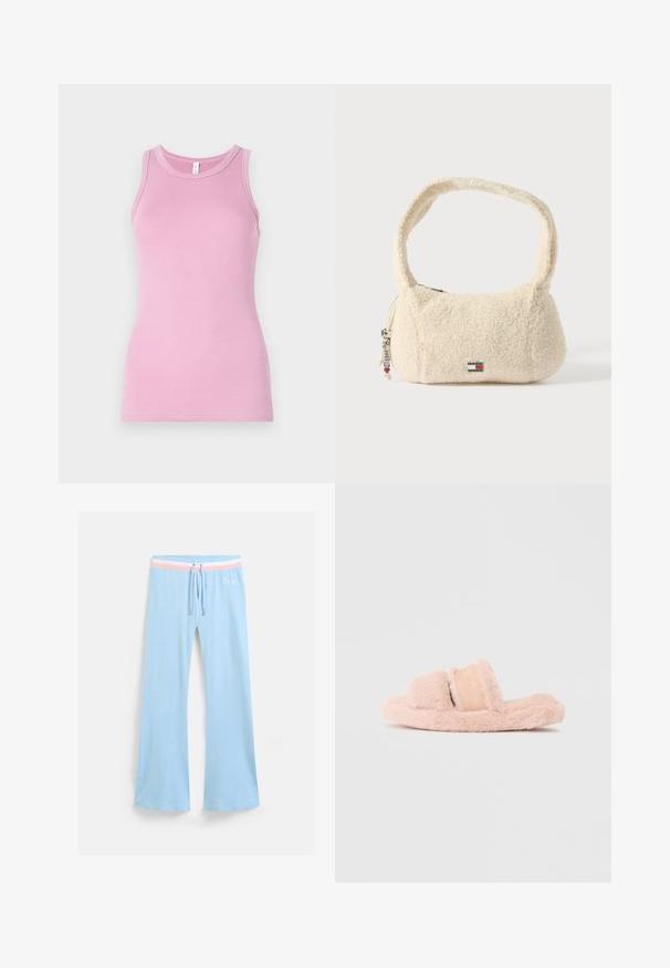Rosa tanktop med en tætsiddende design, der har en rund halsudskæring og ribbet tekstur. Ingen mønstre eller accenter til stede.; Lyseblå, flagrende sweatpants med snor i taljen. Har en pink og hvid stribet accent samt broderet logo. Blød stoftekstur.; Fuzzy lyserøde slippers med en kontureret form, der har en blød overdel og en bred detailbånd. Teksturen er plysch og komfortabel.; Kremfarvet håndtaske lavet af blødt, tekstureret materiale med en buet rem, rund form, lynlåslukning og en accent med mærkelogo.