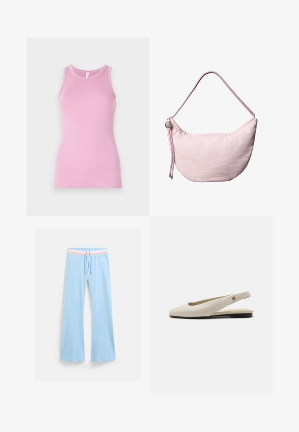 Rosa tanktop med en tætsiddende design, der har en rund halsudskæring og ribbet tekstur. Ingen mønstre eller accenter til stede.; Lyseblå, flagrende sweatpants med snor i taljen. Har en pink og hvid stribet accent samt broderet logo. Blød stoftekstur.; Flatsko i cremefarvet læder med rundet tå og lille guldemblem på remmen.; Blød lyserød skuldertaske i halvmåneform med justerbar snorrem, metalstopper og diskret præget "cK" logo midt foran.