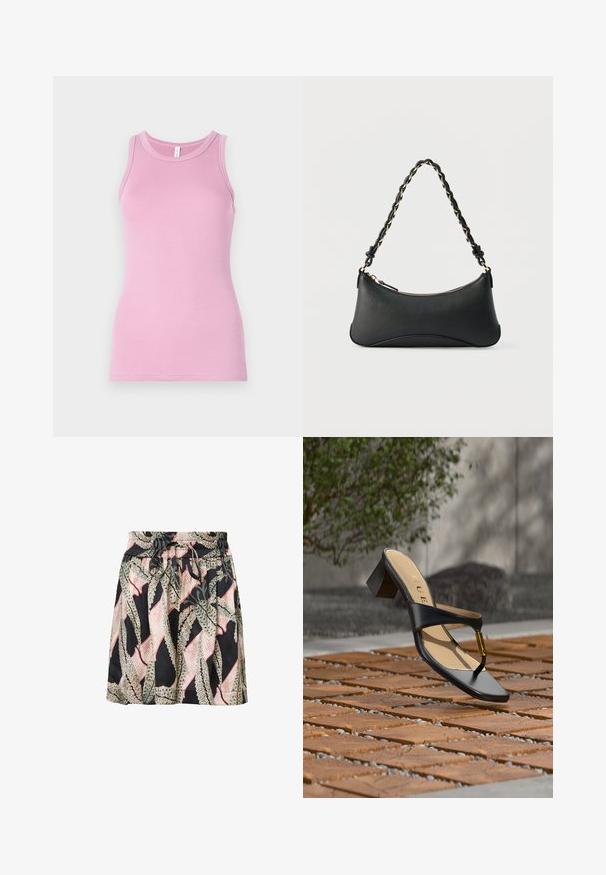 Top rosa de tirantes con un diseño ajustado, que presenta un cuello redondo y textura acanalada. Sin patrones ni acentos presentes.; Falda con estampado floral sobre un fondo negro, con cintura elástica, detalle de cordón y una textura ligera y suave.; Sandalia negra de tacón con lazo para el dedo y acento dorado, colocada sobre una superficie pavimentada de madera y piedra al aire libre cerca de vegetación.; Bolso de hombro de cuero negro con forma rectangular curvada, cadena dorada entrelazada en una correa negra trenzada y cierre superior con cremallera.