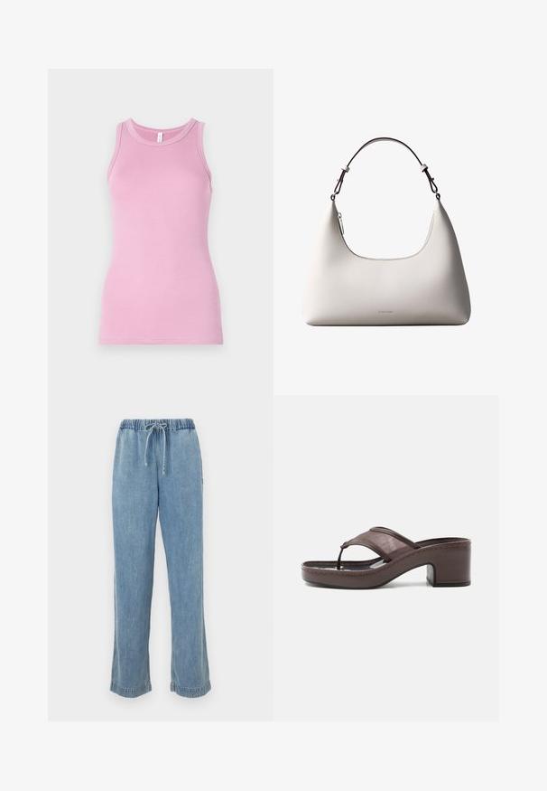 Top rose en débardeur avec une coupe ajustée, présentant un col rond et une texture côtelée. Aucun motif ni accent présent.; Pantalon en denim bleu clair avec une taille élastique, un cordon de serrage et des ourlets retroussés. Design à jambes droites avec une coupe décontractée.; Sandale marron à talon avec lanière en mesh et design en tige, dotée d'un talon bloc et d'une semelle cousue, présentée de profil sur fond blanc.; Sac à bandoulière en cuir couleur crème de Calvin Klein avec bord supérieur incurvé, fermeture éclair argentée et sangle ajustable brun foncé.