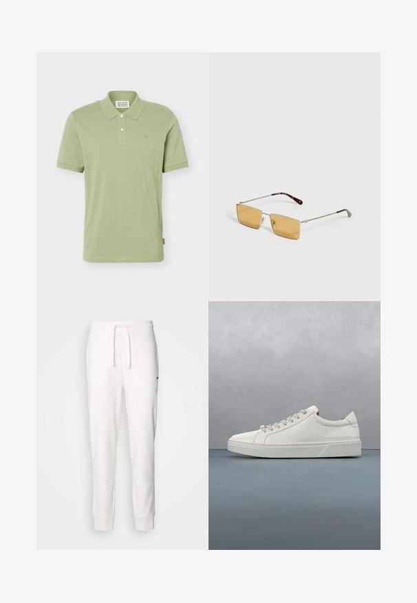 Polo de manga corta color verde claro con cuello, dos botones blancos y pequeño logo bordado en el pecho izquierdo.; Pantalones de chándal blancos de algodón con cintura elástica, cordón ajustable y puños acanalados. Presentan un pequeño logo negro en el lateral.; Zapatilla blanca de cuero con punta redondeada, diseño minimalista, cordones grises y suela de goma texturizada gris. Detalles de costura sutiles visibles.; Gafas de sol rectangulares con montura metálica plateada fina y lentes tintadas en ámbar, descansando sobre una superficie blanca.