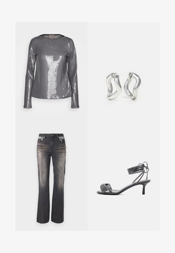 N°21 T-shirt à manches longues - grigio; Jeans en denim noir avec un design à jambes droites, présentant des détails en dentelle sur les poches et un léger dégradé. Les éléments en métal comprennent un bouton et des rivets.; Sandale à talon en cuir gris avec une bride nouée sur les orteils et des lacets enroulants autour de la cheville, sur un talon moyen et fin, sur fond blanc.; Boucles d'oreilles créoles argentées avec un design torsadé. Bords arrondis et finition brillante. Fermoirs ouverts pour un port facile. Texture lisse sur toute la surface.
