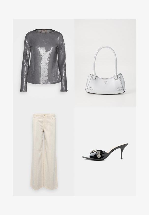 N°21 Langærmet T-shirt - grigio; Beige brede bukser med en glat tekstur, der har metaliske sølvfarvede pailletter arrangeret i et mønster hen over fronten og bagsiden.; Sort laklæder højt hælet mule med åben tå og dekorative sølvcharme inklusive en blomst og hængelås på frontstroppen.; Sølv håndtaske med et struktureret design, der har to håndtag, en skinnende overflade, accenthardware og et trekantet logo på fronten.